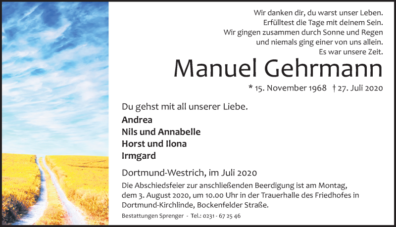  Traueranzeige für Manuel Gehrmann vom 31.07.2020 aus Ruhr Nachrichten