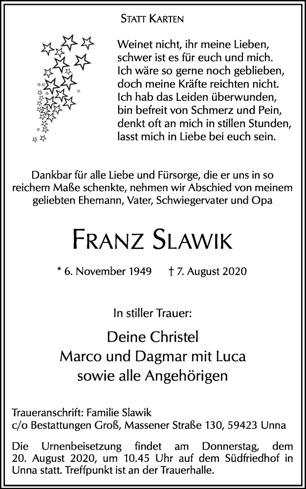  Traueranzeige für Franz Slawik vom 14.08.2020 aus Hellweger Anzeiger