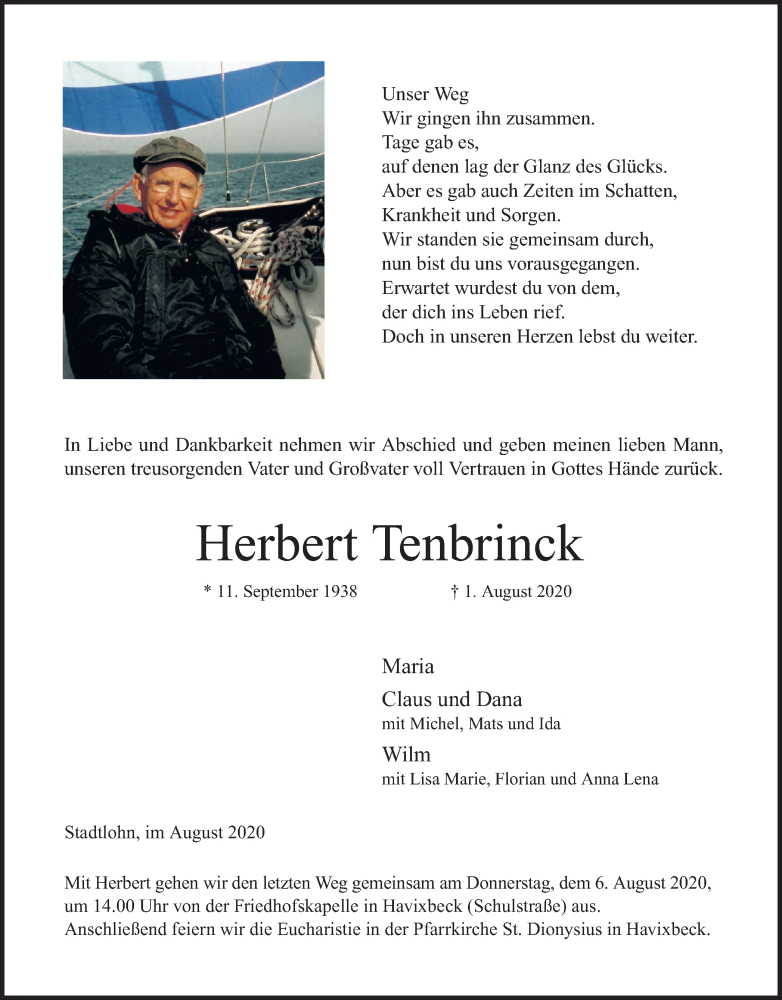  Traueranzeige für Herbert Tenbrinck vom 04.08.2020 aus Münstersche Zeitung und Münsterland Zeitung