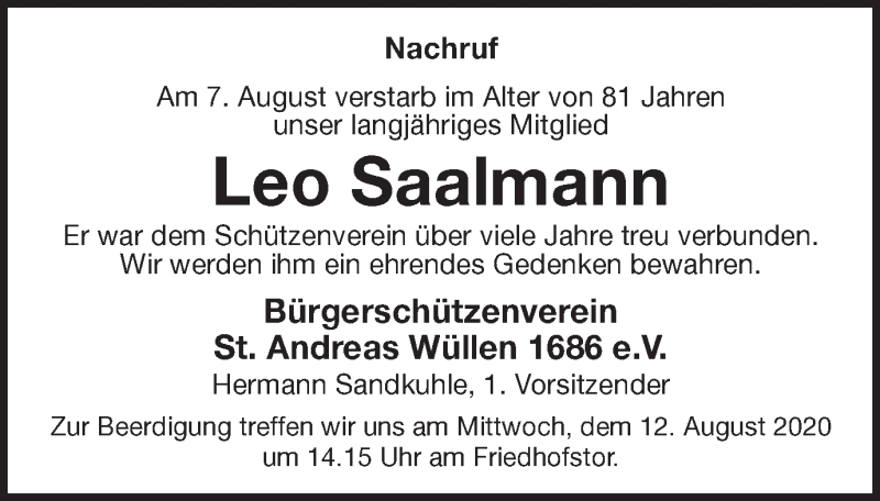  Traueranzeige für Leo Saalmann vom 11.08.2020 aus Münstersche Zeitung und Münsterland Zeitung
