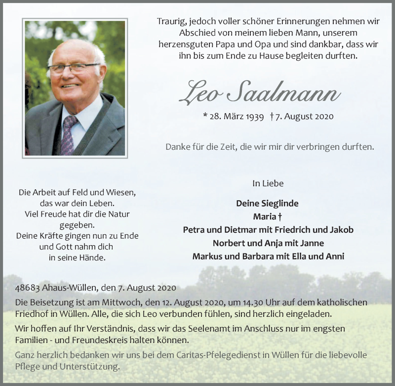  Traueranzeige für Leo Saalmann vom 10.08.2020 aus Münstersche Zeitung und Münsterland Zeitung