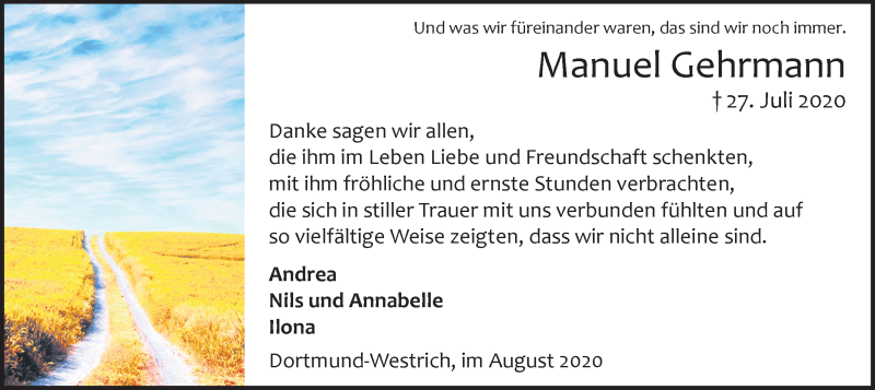  Traueranzeige für Manuel Gehrmann vom 15.08.2020 aus Ruhr Nachrichten