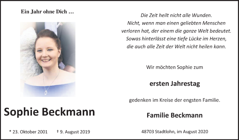  Traueranzeige für Sophie Beckmann vom 05.08.2020 aus Münstersche Zeitung und Münsterland Zeitung