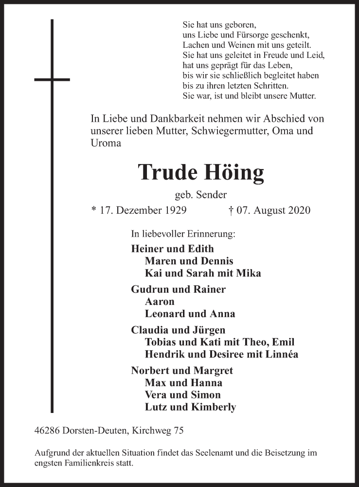  Traueranzeige für Trude Höing vom 10.08.2020 aus Ruhr Nachrichten und Dorstener Zeitung
