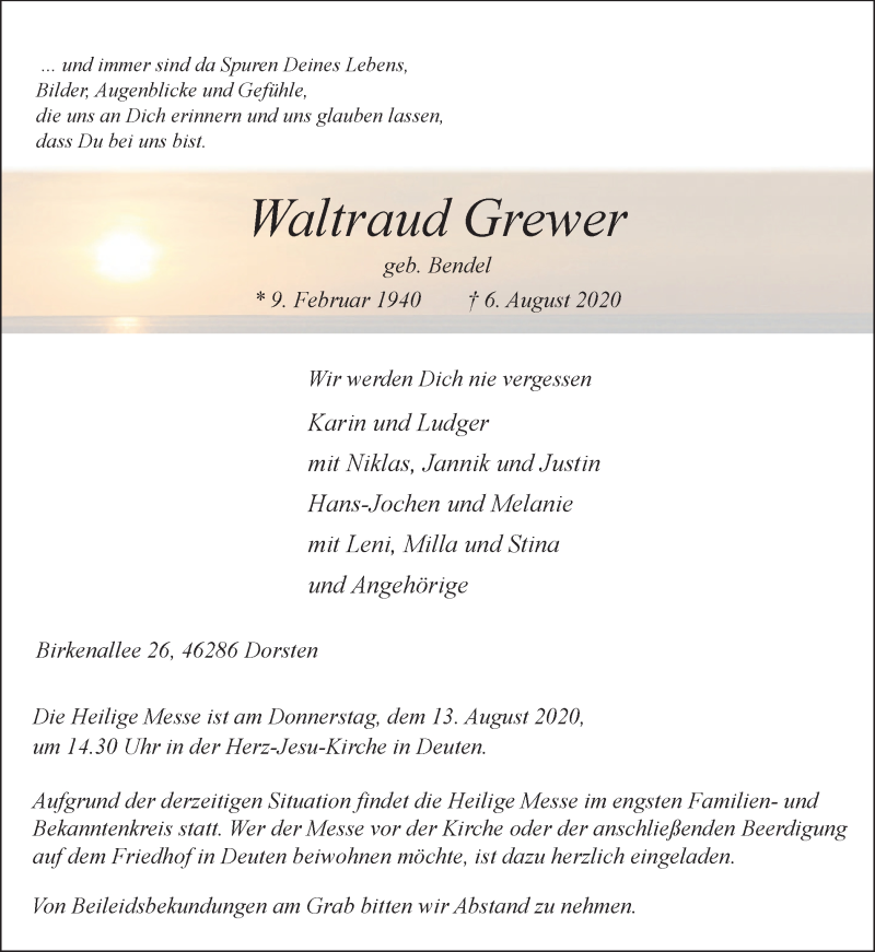  Traueranzeige für Waltraud Grewer vom 11.08.2020 aus Ruhr Nachrichten und Dorstener Zeitung