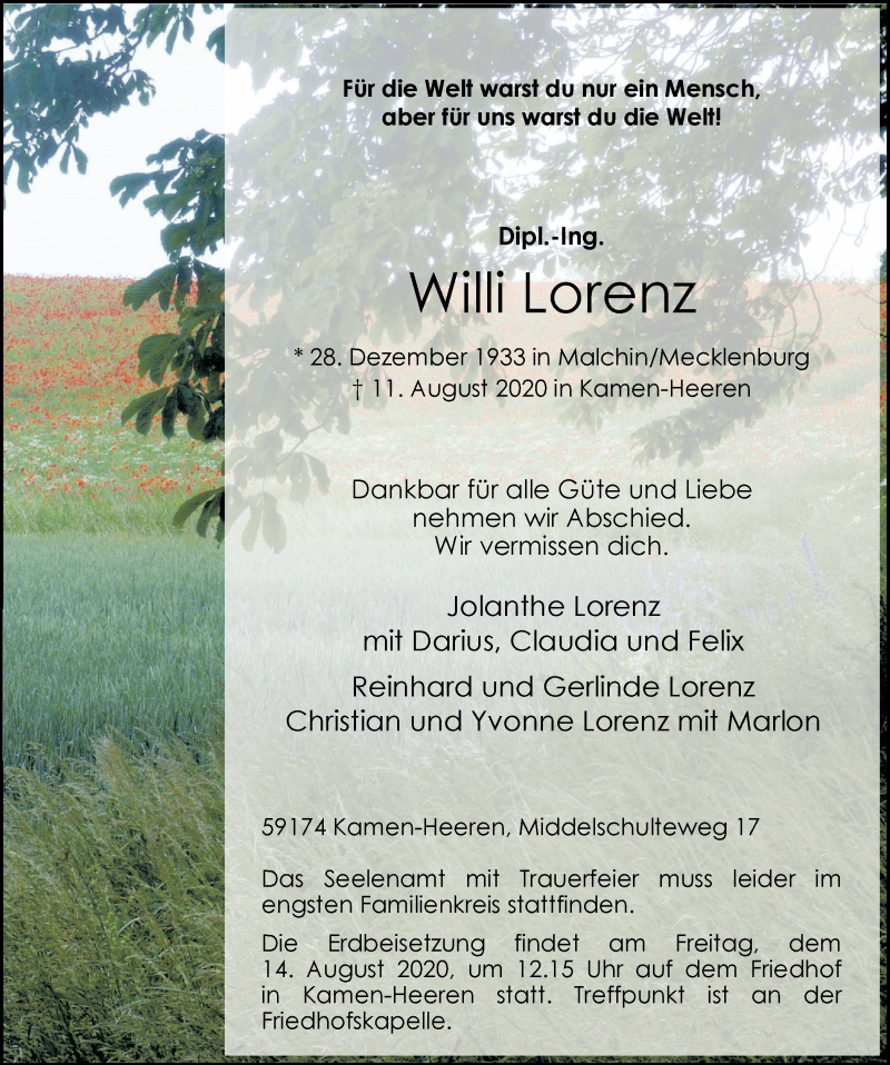  Traueranzeige für Willi Lorenz vom 12.08.2020 aus Hellweger Anzeiger