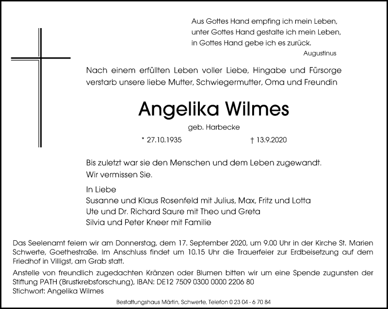  Traueranzeige für Angelika Wilmes vom 15.09.2020 aus Ruhr Nachrichten
