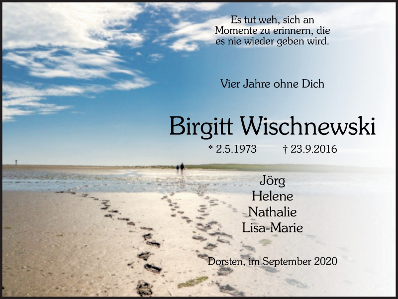  Traueranzeige für Birgitt Wischnewski vom 23.09.2020 aus Ruhr Nachrichten und Dorstener Zeitung