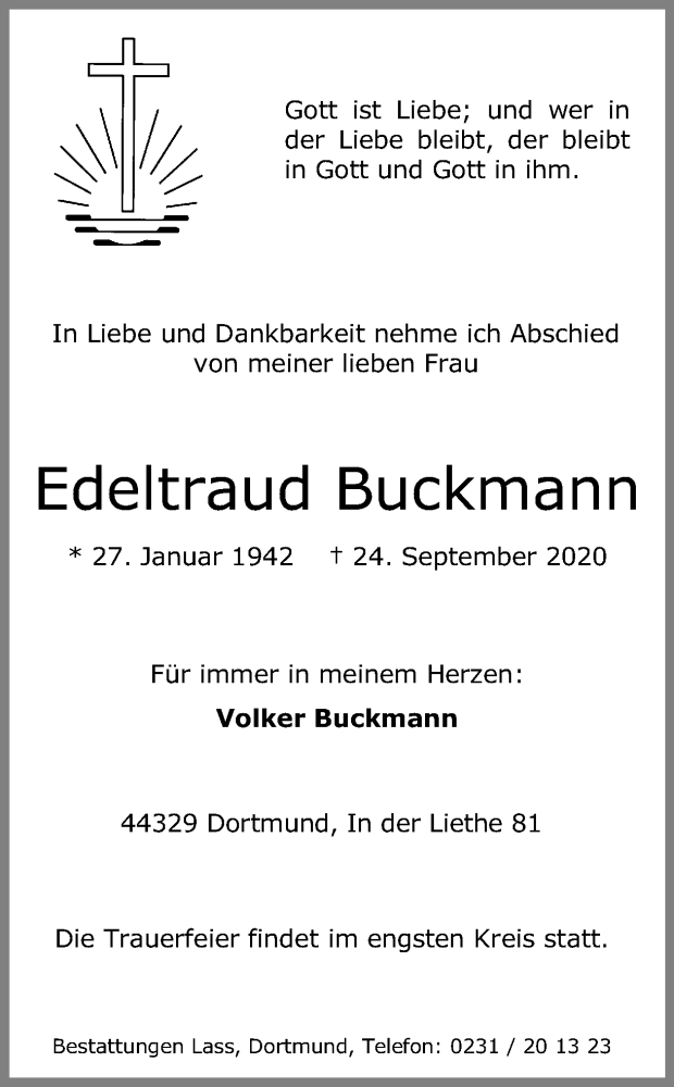  Traueranzeige für Edeltraud Buckmann vom 26.09.2020 aus Ruhr Nachrichten