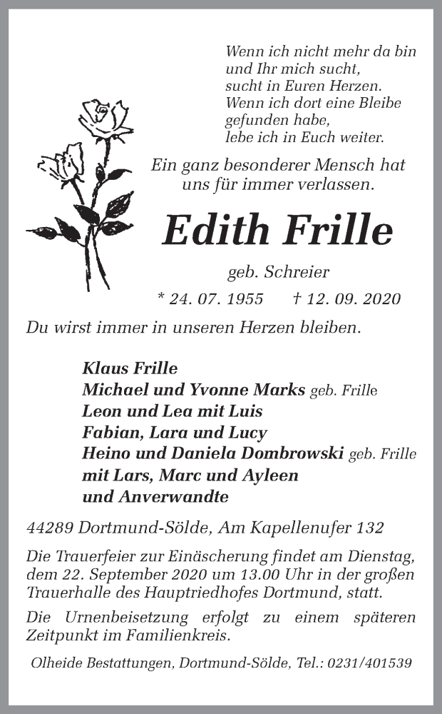 Traueranzeige für Edith Frille vom 16.09.2020 aus Ruhr Nachrichten
