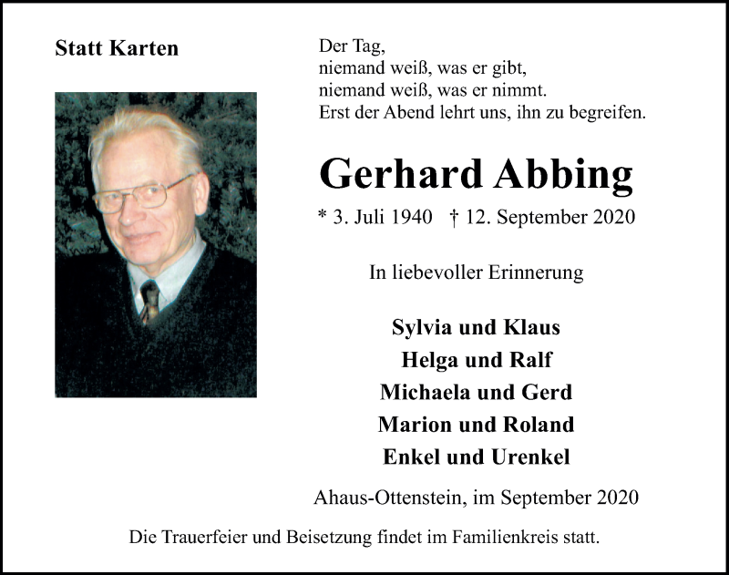  Traueranzeige für Gerhard Abbing vom 18.09.2020 aus Münstersche Zeitung und Münsterland Zeitung