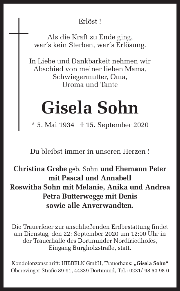  Traueranzeige für Gisela Sohn vom 17.09.2020 aus Ruhr Nachrichten