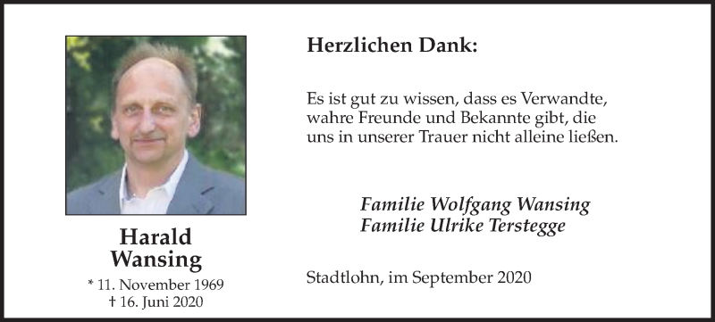  Traueranzeige für Harald Wansing vom 05.09.2020 aus Münstersche Zeitung und Münsterland Zeitung