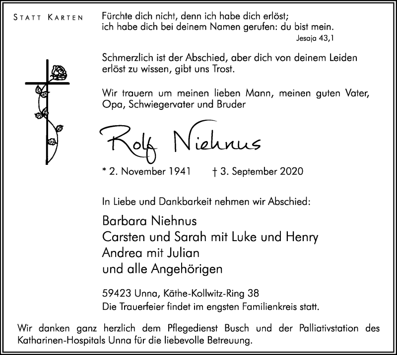  Traueranzeige für Rolf Niehnus vom 12.09.2020 aus Hellweger Anzeiger