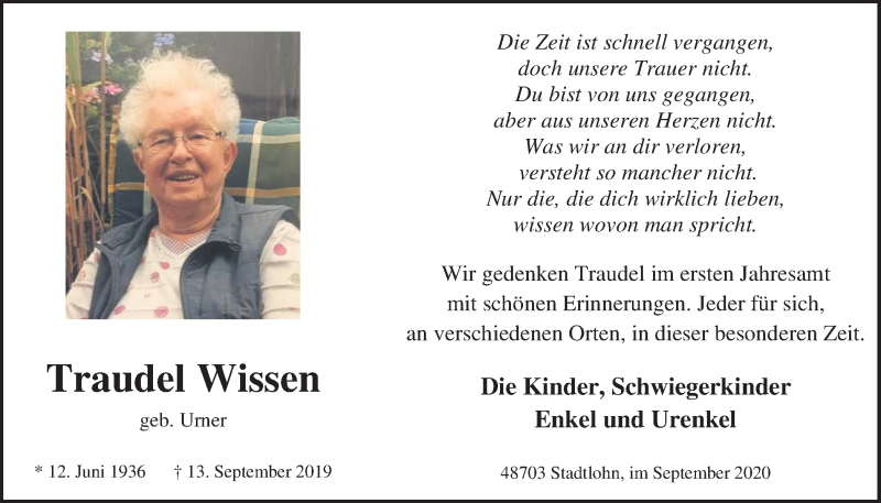  Traueranzeige für Traudel Wissen vom 09.09.2020 aus Münstersche Zeitung und Münsterland Zeitung