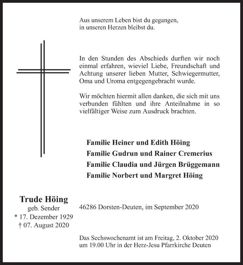  Traueranzeige für Trude Höing vom 29.09.2020 aus Ruhr Nachrichten und Dorstener Zeitung