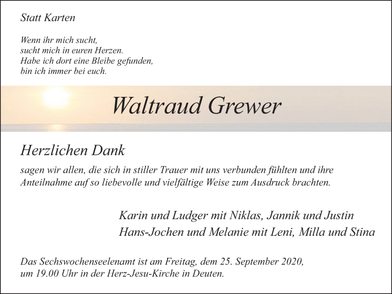  Traueranzeige für Waltraud Grewer vom 23.09.2020 aus Ruhr Nachrichten und Dorstener Zeitung