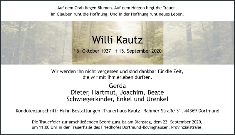  Traueranzeige für Willi Kautz vom 18.09.2020 aus Ruhr Nachrichten