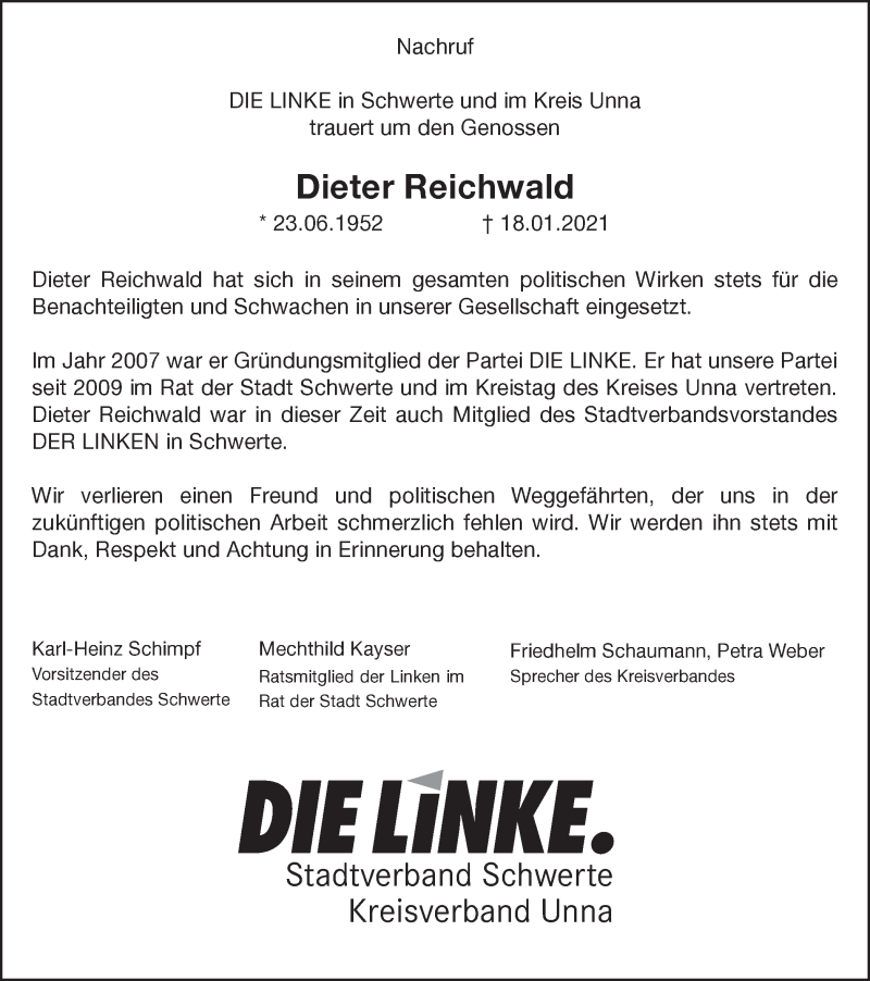  Traueranzeige für Dieter Reichwald vom 23.01.2021 aus Ruhr Nachrichten