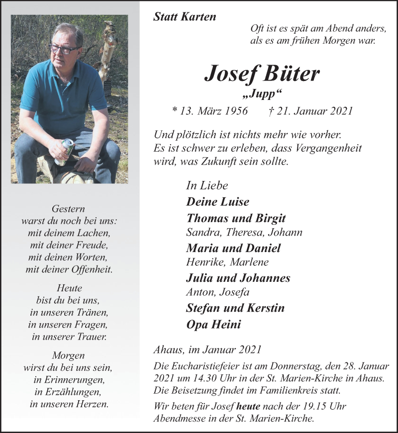  Traueranzeige für Josef Büter vom 25.01.2021 aus Münstersche Zeitung und Münsterland Zeitung
