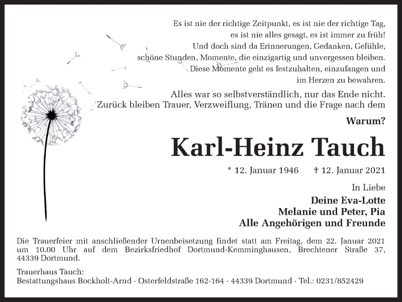  Traueranzeige für Karl-Heinz Tauch vom 21.01.2021 aus 