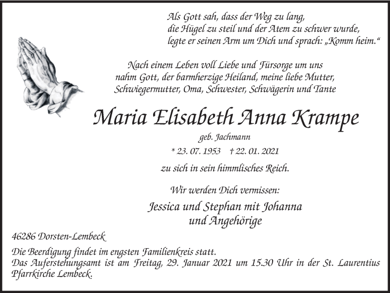  Traueranzeige für Maria Elisabeth Anna Krampe vom 26.01.2021 aus Ruhr Nachrichten und Dorstener Zeitung