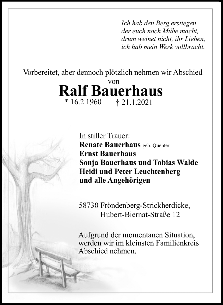  Traueranzeige für Ralf Bauerhaus vom 23.01.2021 aus Hellweger Anzeiger