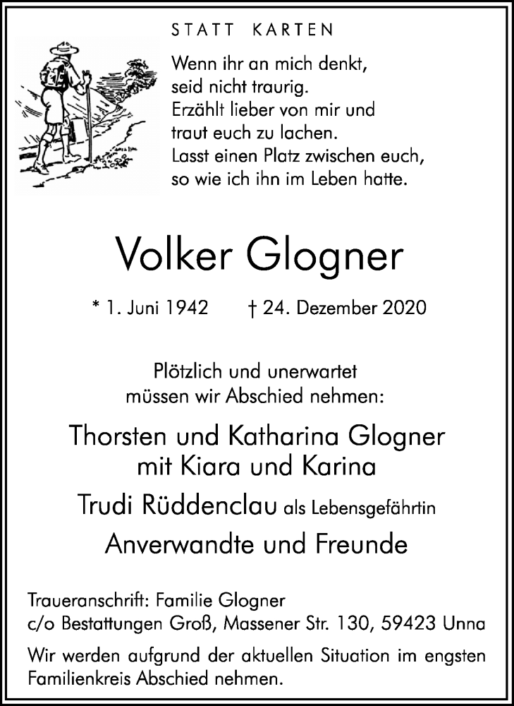  Traueranzeige für Volker Glogner vom 09.01.2021 aus Hellweger Anzeiger