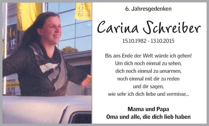  Traueranzeige für Carina Schreiber vom 16.10.2021 aus 