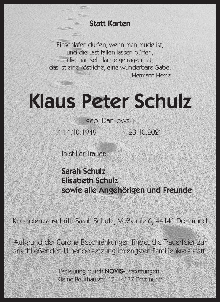 Traueranzeigen Von Klaus Peter Schulz Sich Erinnern De