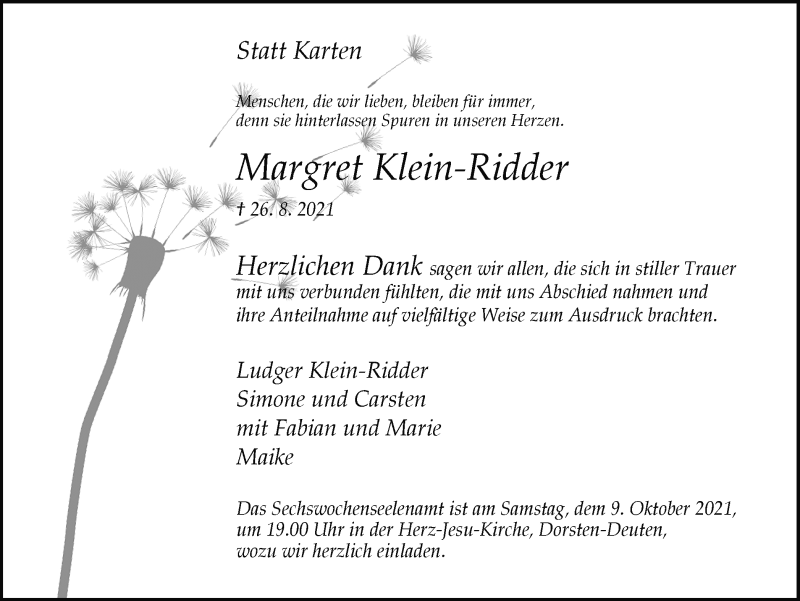  Traueranzeige für Margret Klein-Ridder vom 05.10.2021 aus Ruhr Nachrichten und Dorstener Zeitung