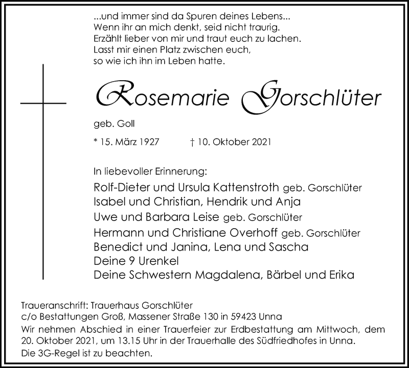  Traueranzeige für Rosemarie Gorschlüter vom 13.10.2021 aus Hellweger Anzeiger