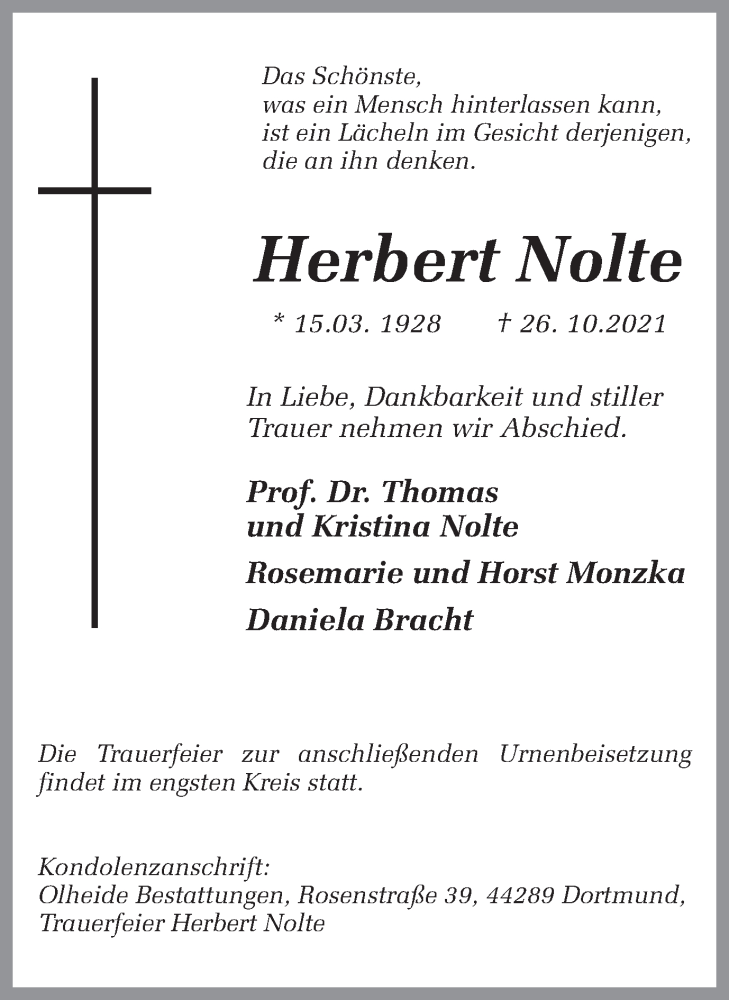 Traueranzeigen Von Herbert Nolte Sich Erinnern De