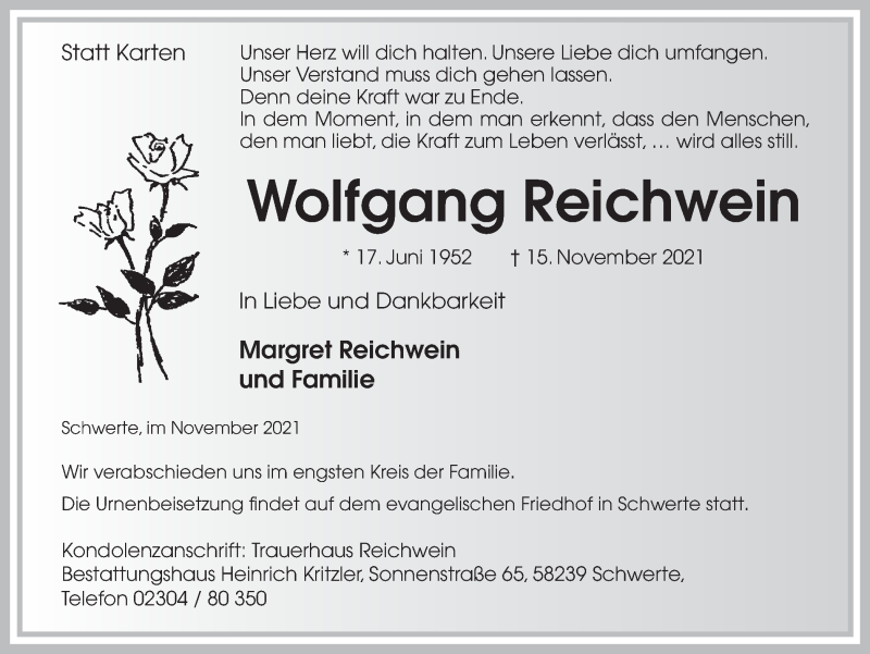  Traueranzeige für Wolfgang Reichwein vom 20.11.2021 aus Ruhr Nachrichten