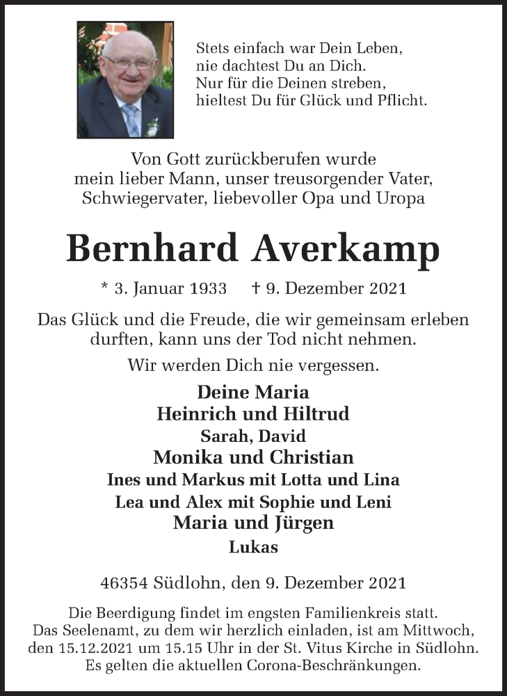 Traueranzeigen Von Bernhard Averkamp Sich Erinnern De