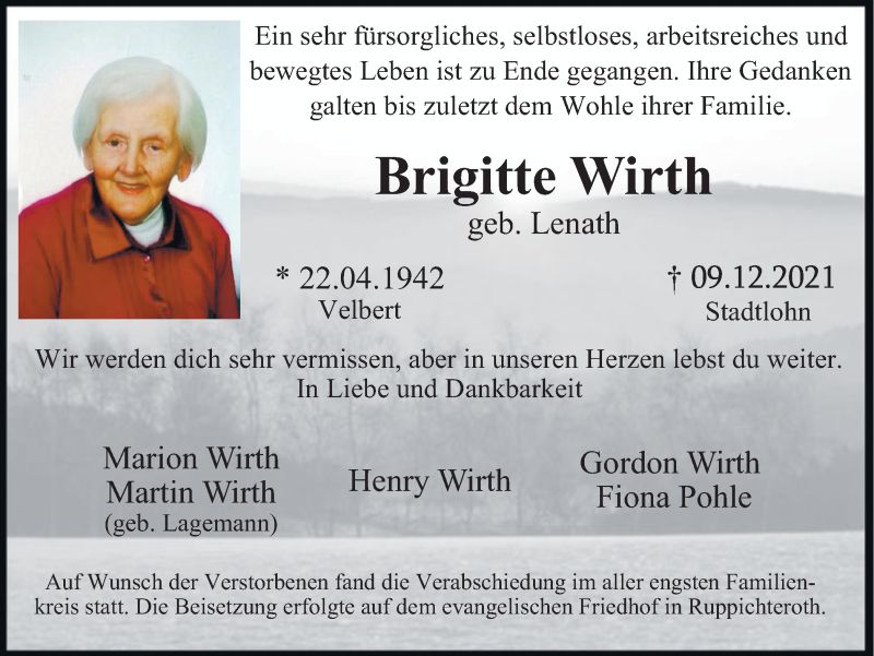 Traueranzeigen Von Brigitte Wirth Sich Erinnern De