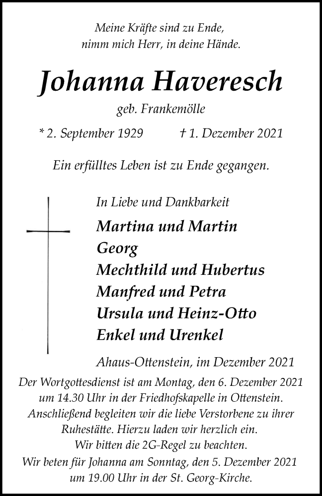  Traueranzeige für Johanna Haveresch vom 03.12.2021 aus Münstersche Zeitung und Münsterland Zeitung