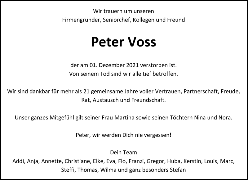  Traueranzeige für Peter Voss vom 08.12.2021 aus Münstersche Zeitung und Münsterland Zeitung