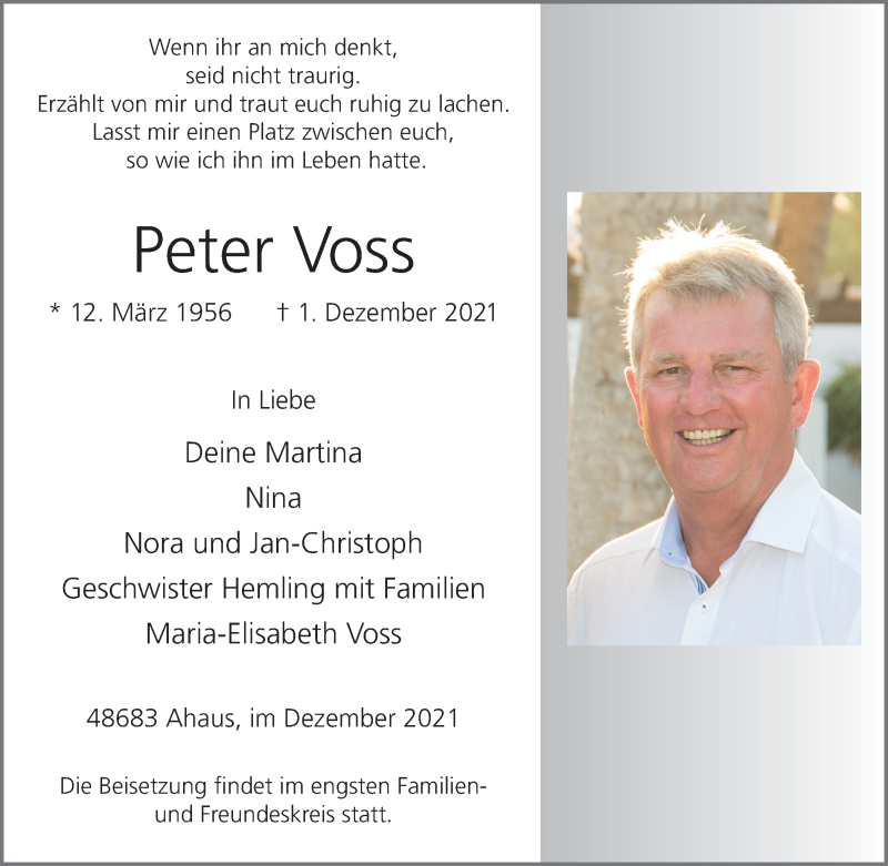  Traueranzeige für Peter Voss vom 04.12.2021 aus Münstersche Zeitung und Münsterland Zeitung