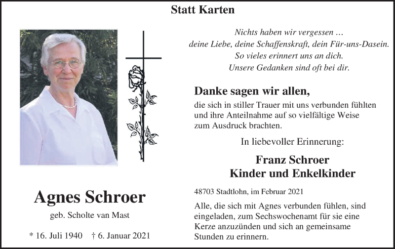  Traueranzeige für Agnes Schroer vom 17.02.2021 aus Münstersche Zeitung und Münsterland Zeitung