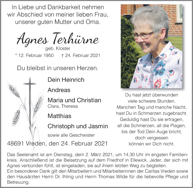  Traueranzeige für Agnes Terhürne vom 27.02.2021 aus Münstersche Zeitung und Münsterland Zeitung