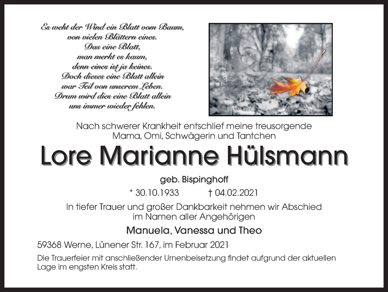  Traueranzeige für Lore Marianne Hülsmann vom 13.02.2021 aus Ruhr Nachrichten