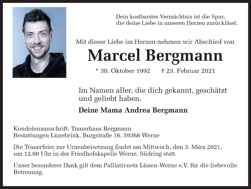  Traueranzeige für Marcel Bergmann vom 27.02.2021 aus Ruhr Nachrichten