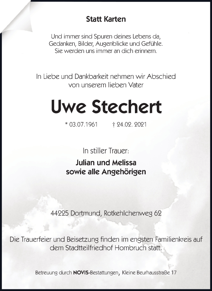  Traueranzeige für Uwe Stechert vom 27.02.2021 aus 