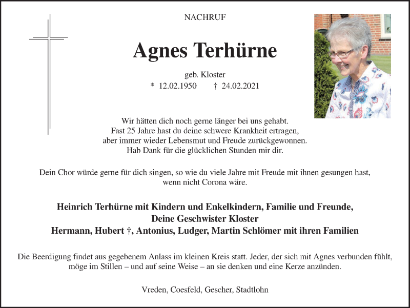  Traueranzeige für Agnes Terhürne vom 01.03.2021 aus Münstersche Zeitung und Münsterland Zeitung
