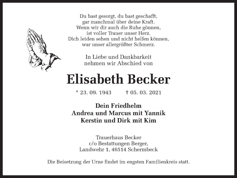  Traueranzeige für Elisabeth Becker vom 10.03.2021 aus Ruhr Nachrichten und Dorstener Zeitung