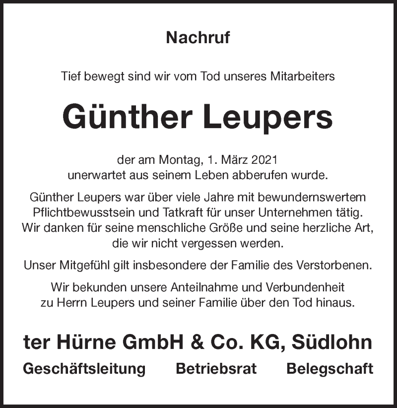  Traueranzeige für Günther Leupers vom 10.03.2021 aus Münstersche Zeitung und Münsterland Zeitung