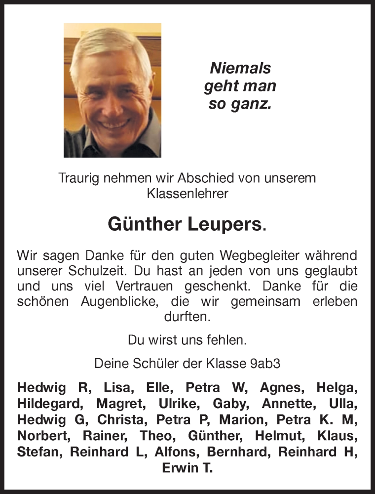  Traueranzeige für Günther Leupers vom 09.03.2021 aus Münstersche Zeitung und Münsterland Zeitung