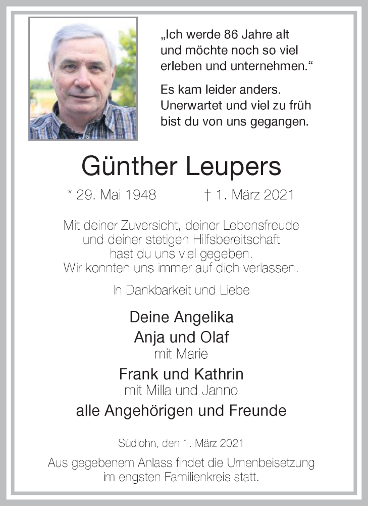  Traueranzeige für Günther Leupers vom 06.03.2021 aus Münstersche Zeitung und Münsterland Zeitung