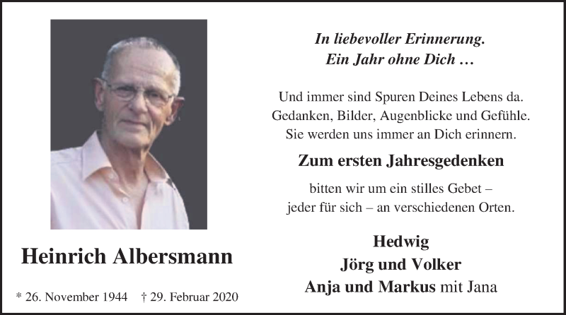  Traueranzeige für Heinrich Albersmann vom 01.03.2021 aus Münstersche Zeitung und Münsterland Zeitung